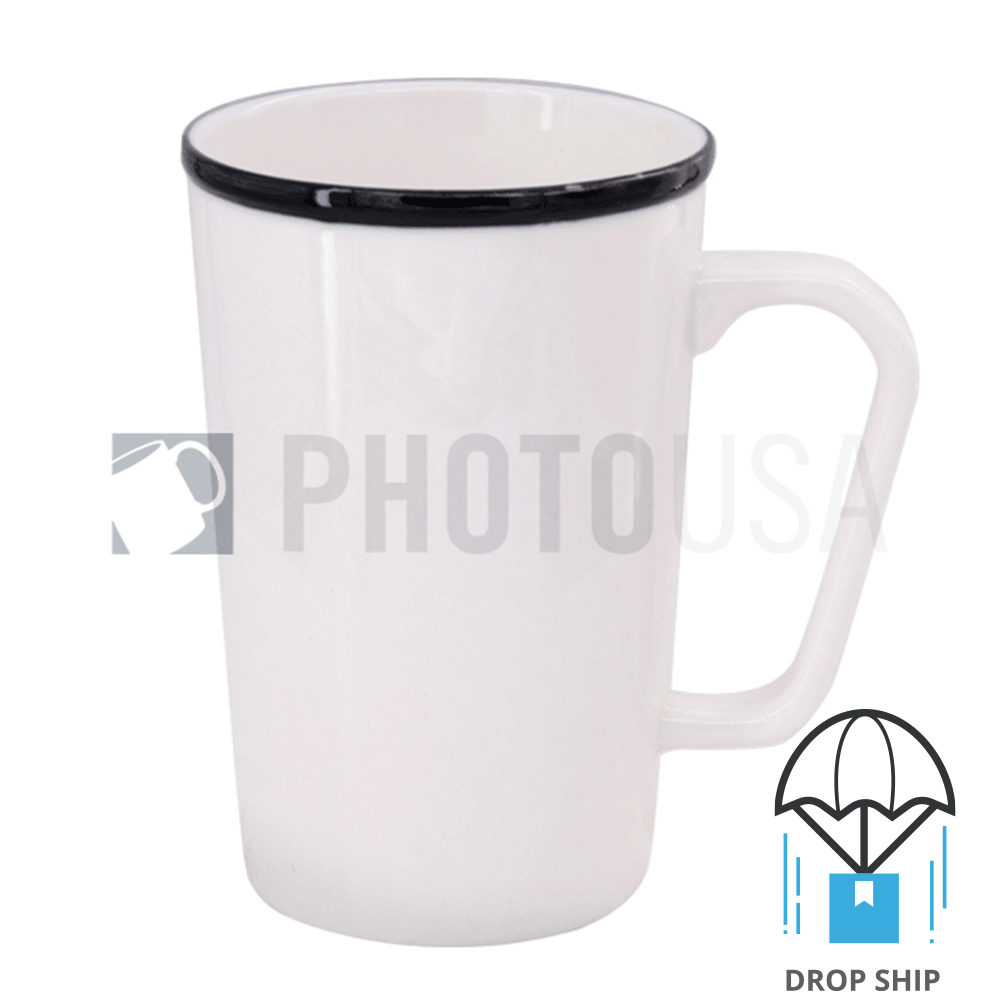 12 oz Ceramic Latte Mug - w/ Black Rim & Geometrical Handle