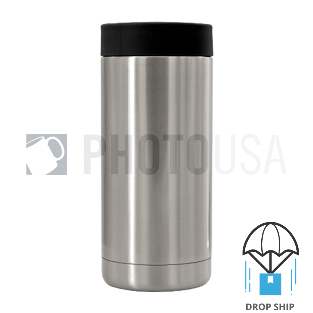 600ml Double Wall Stainless Steel Cola Can Cooler w/ Black Rubber Ring